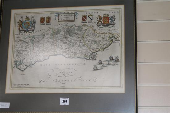 Blaeu, coloured engraving, map of Suthsexia Vernaculae Sussex, 38 x 52cm